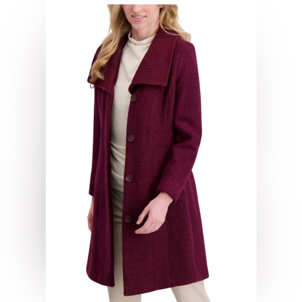 Kenneth Cole Wool-Blend Long Coat in Burgundy - Women’s Classic Button Front
